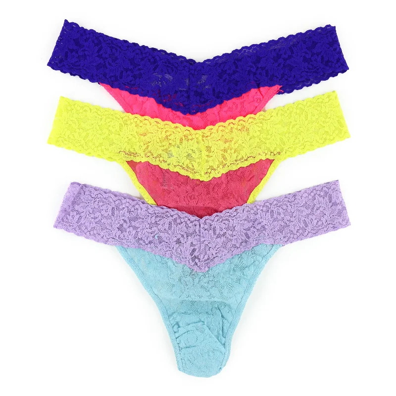 3-Pack Signature Lace Original Rise Thong | Sugar Rush Pink/Citrus Punch Yellow, Rain Cloud Blue/Clvp, Tpun/Electric Purple Lace Dress Trend