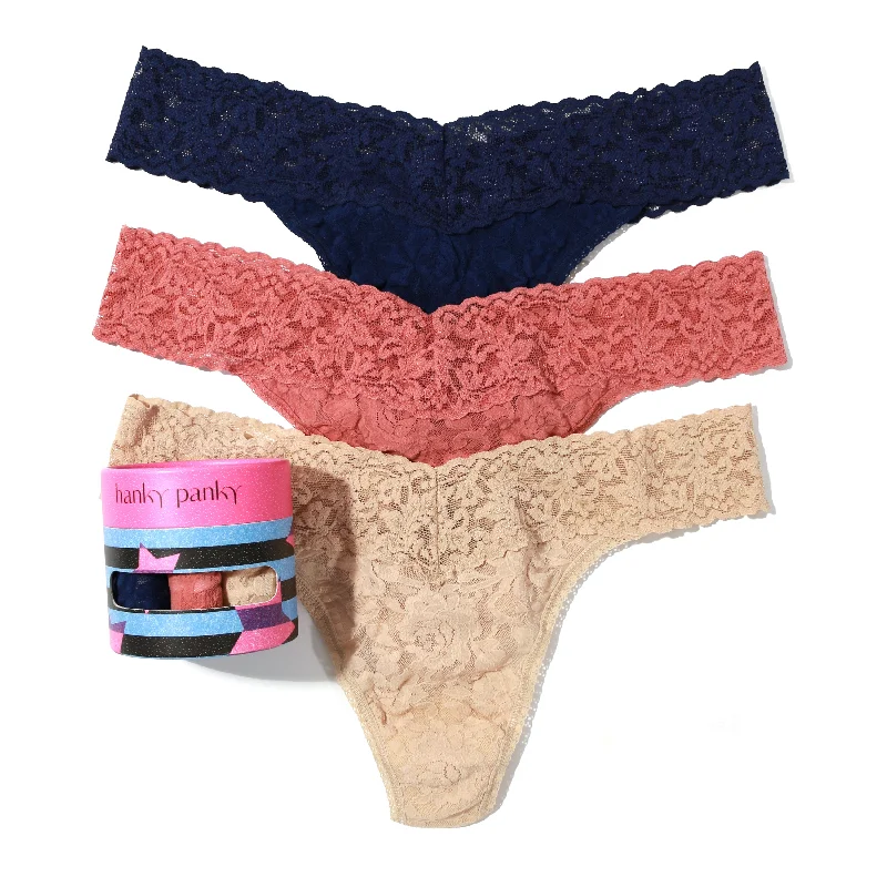 3-Pack Signature Lace Original Rise Thongs | Odyssey Blue/Himalayan Pink/Sand Elegant Lace Design