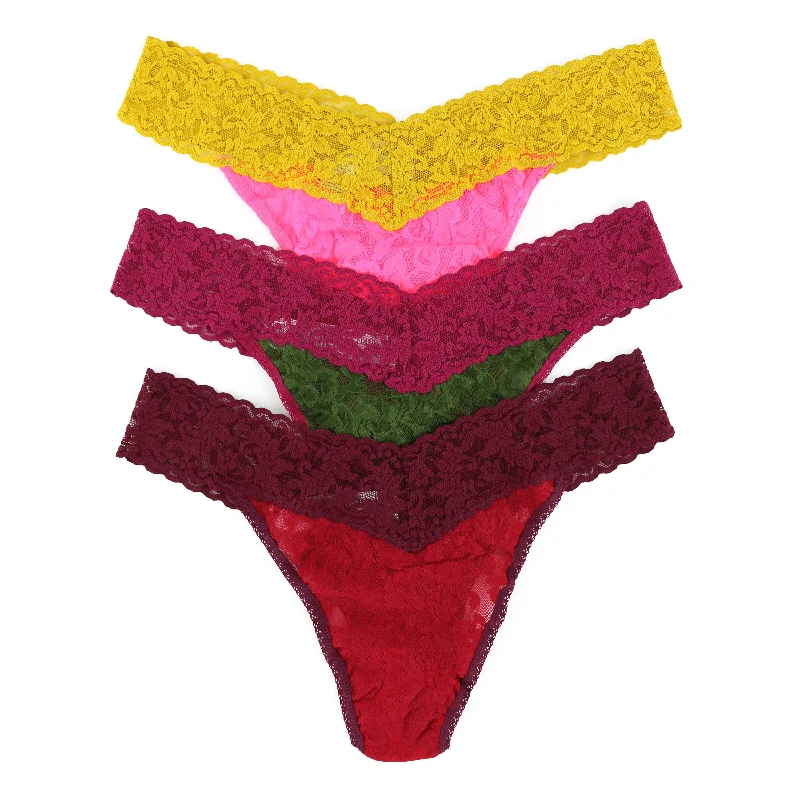 3-Pack Signature Lace Original Rise Thong | Wood/Dark Pomegranate, Fbor/Cabr, Tpun/Topy Boho Lace Dress