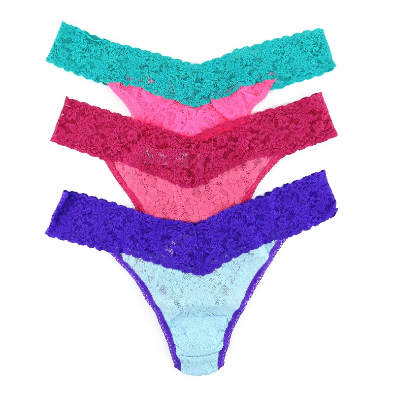 3-Pack Signature Lace Original Rise Thong | Srup/Sang, Rain Cloud Blue/Electric Purple, Tpun/Vtq2 Lace Dress Chic