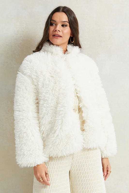 Women White Solid Fur Jacket Women's long jackets