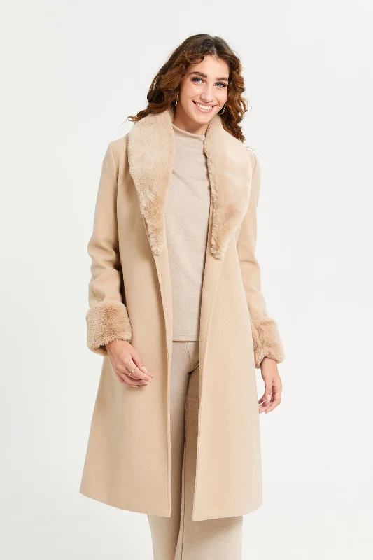 Women Beige Faux Fur Belted Coat Women's polyester jackets