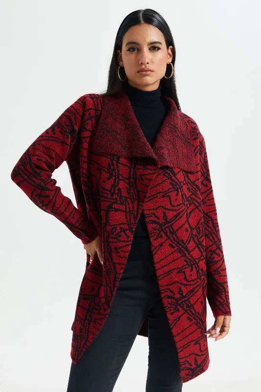 Women Red And Black Printed Longline Knitted Cardigan Women's streetwear jackets