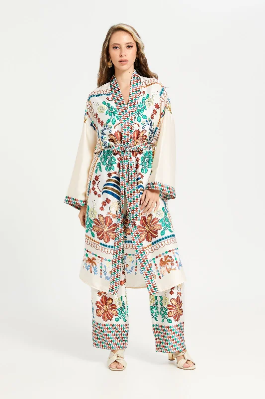 Women Ivory Printed Kimono Open Front Kaftan Women's lightweight summer jackets