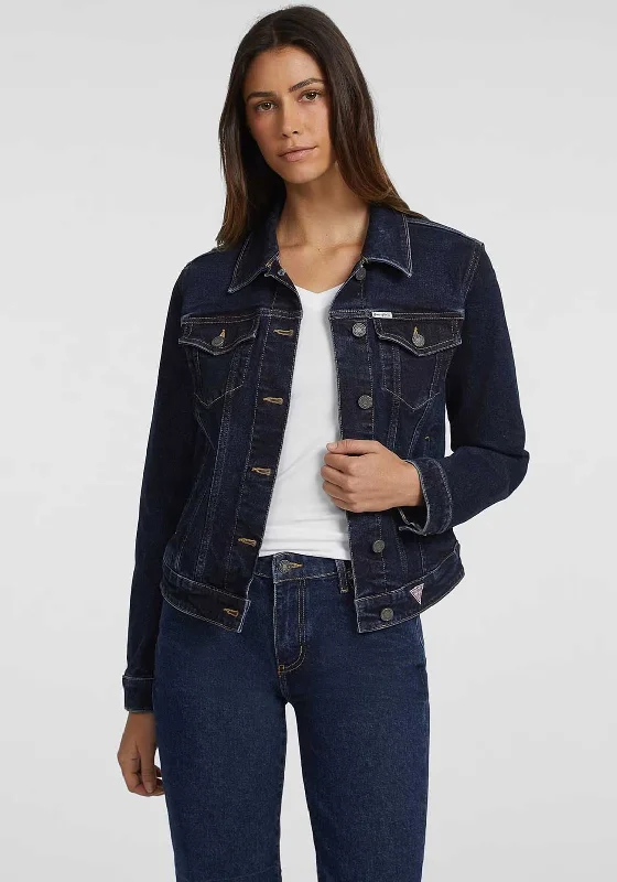 Guess Womens Slim Denim Trucker Jacket, Dark Blue Women's puffer jackets