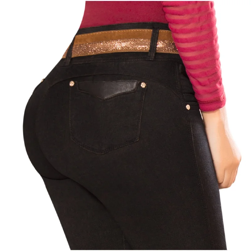 DRAXY 1335 Colombian Mid Rise Butt Lifter Skinny Jeans with Belt