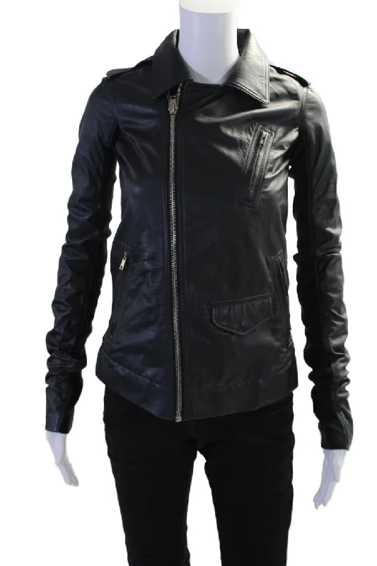 Rick Owens Womens Black Leather Full Zip Long Sleeve Motorcycle Jacket Women's evening jackets