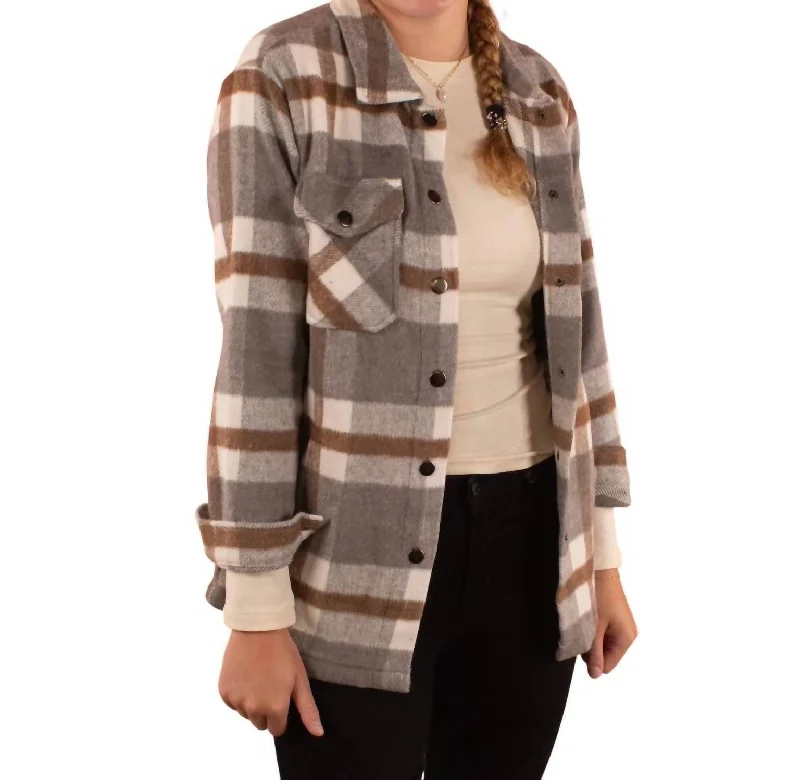 Cassidy Classic Plaid Shacket In Grey/tan Women's travel-friendly jackets