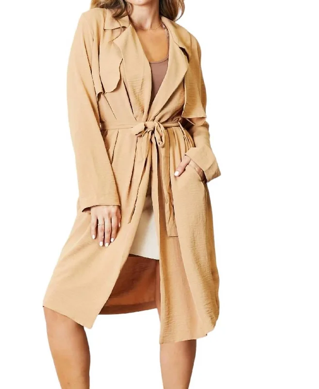 Full Size Tied Trench Coat With Pockets In Khaki Women's suede jackets