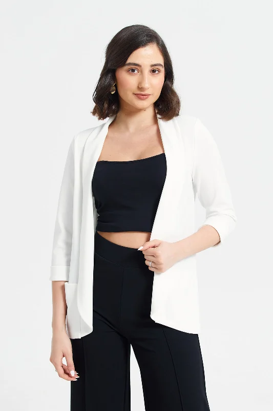 Ivory Rolled Sleeve Round Blazer Women's fleece jackets