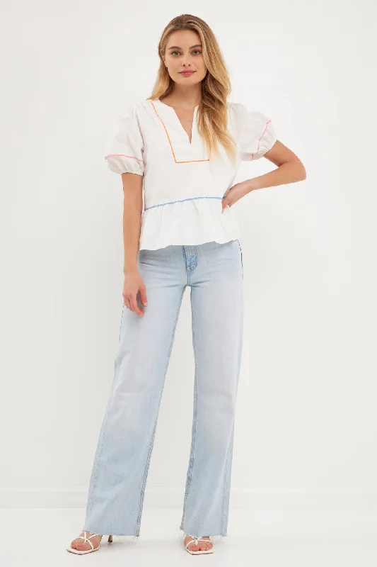 Piping Detail Top with Short Puff Sleeves