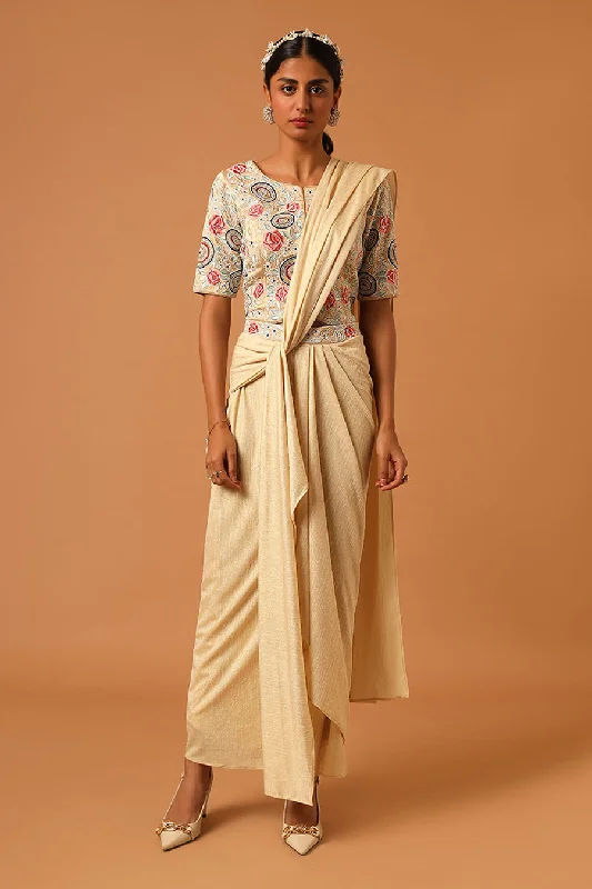 Cream Embroidered Pre-Draped Saree Set