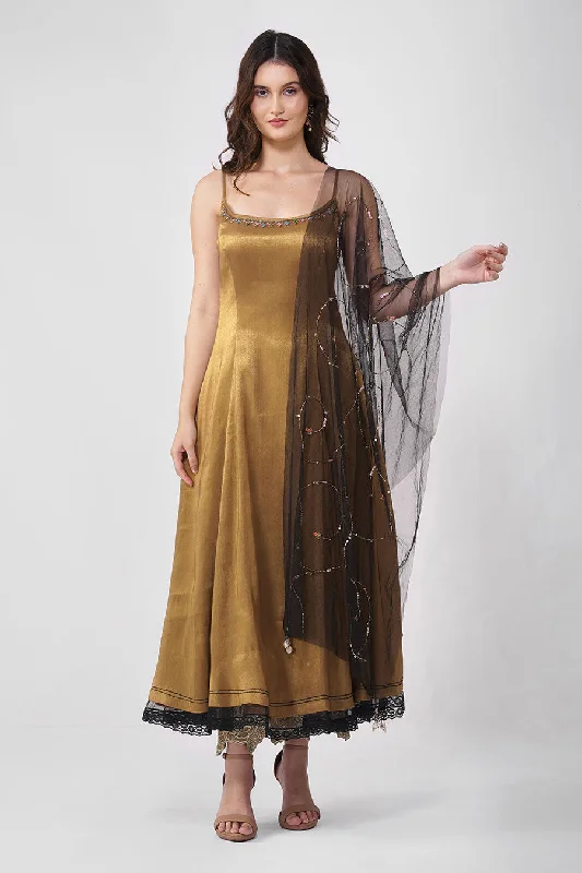 Gold Crystal Leaf Embroidered Anarkali Set