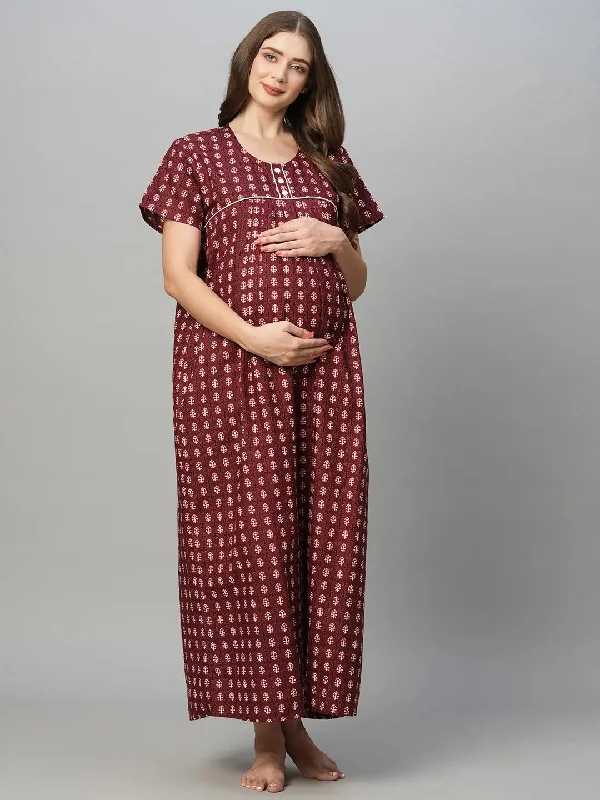 MomToBe Ethnic Motifs Printed Pure Cotton Maternity Maxi Nightdress Best pajama sets for girls' night