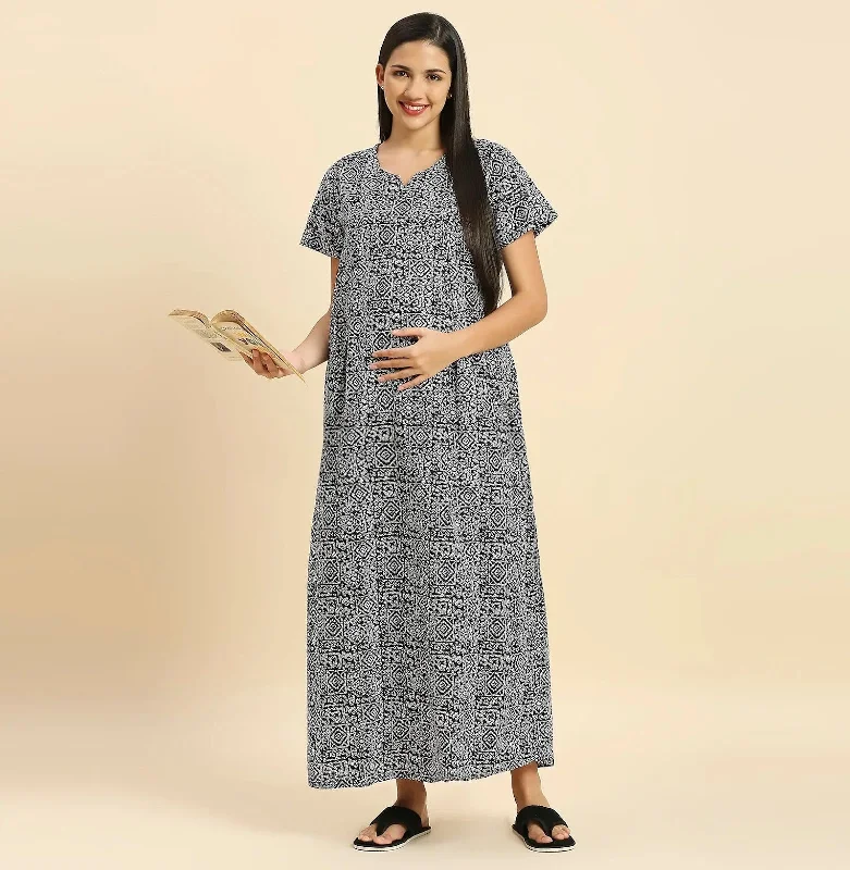 MomToBe Ethnic Motifs Printed Pure Cotton Maxi Maternity Nightdress-2021mtbblkprntfn-Free Baby pajama sets