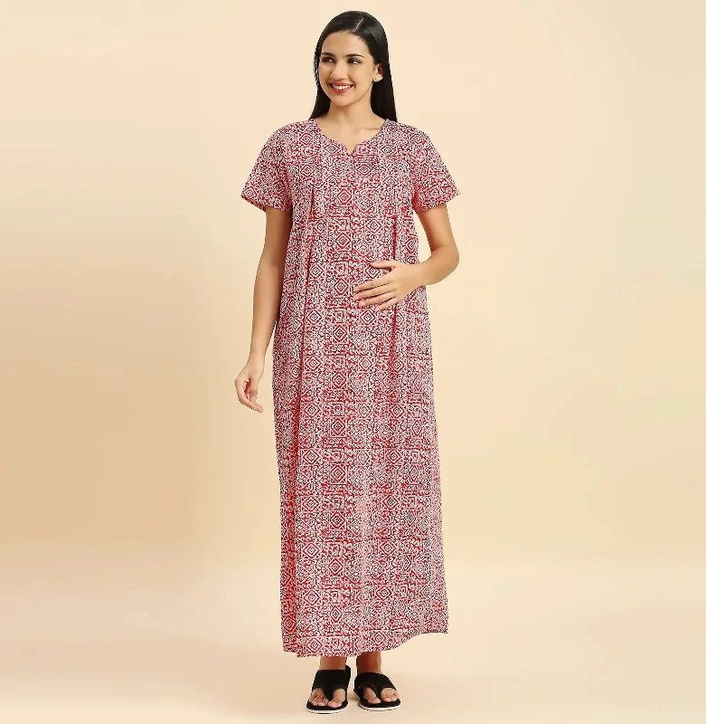 MomToBe Ethnic Motifs Printed Pure Cotton Maxi Maternity Nightdress-2021mtbredprntfn-Free Satin pajama sets