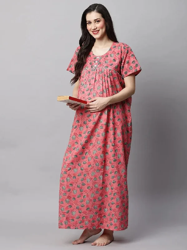 MomToBe Floral Printed Maternity Maxi Sustainable Nightdress-2009mtbpkprntfn-Free Softest pajama sets