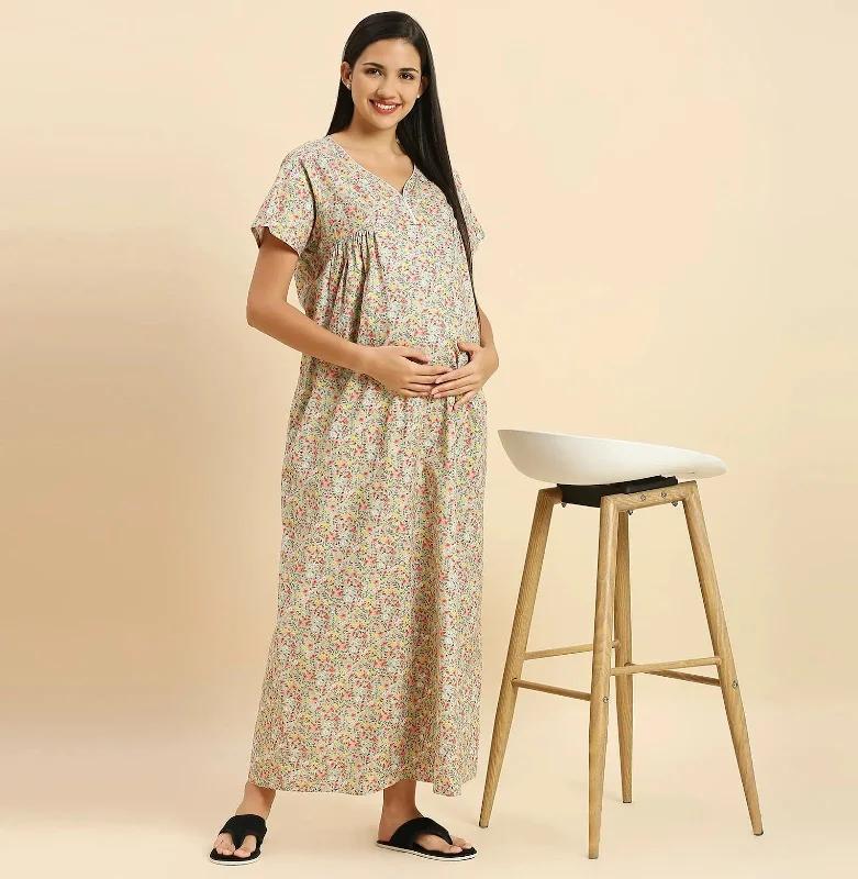 MomToBe Floral Printed Maxi Maternity Nightdress-2018mtbgrnflrfn-Free Best pajama sets for sensitive skin