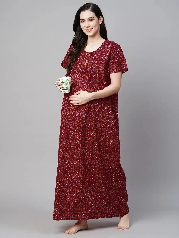 MomToBe Floral Printed Pure Cotton Maternity Maxi Sustainable Nightdress-2007mtbrdflrfn-Free Cozy winter pajama sets