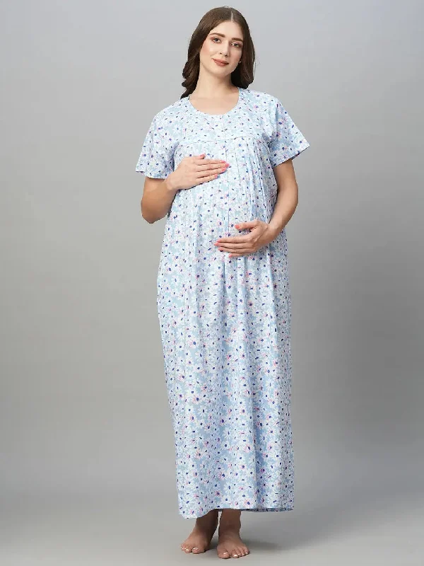 MomToBe Floral Printed Pure Cotton Maternity Nightdress-2013mtbblflowerfn-Free Funny graphic pajama sets