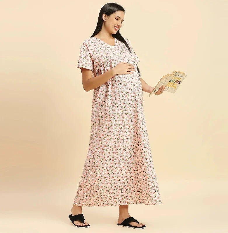 MomToBe Floral Printed Pure Cotton Maxi Maternity Nightdress-2019mtbpchflrfn-Free Sleeveless pajama sets