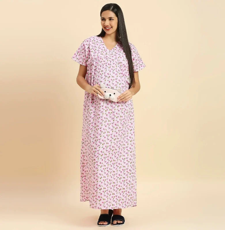 MomToBe Floral Printed Pure Cotton Maxi Maternity Nightdress-2019mtbpkflrfn-Free Lightweight pajama sets