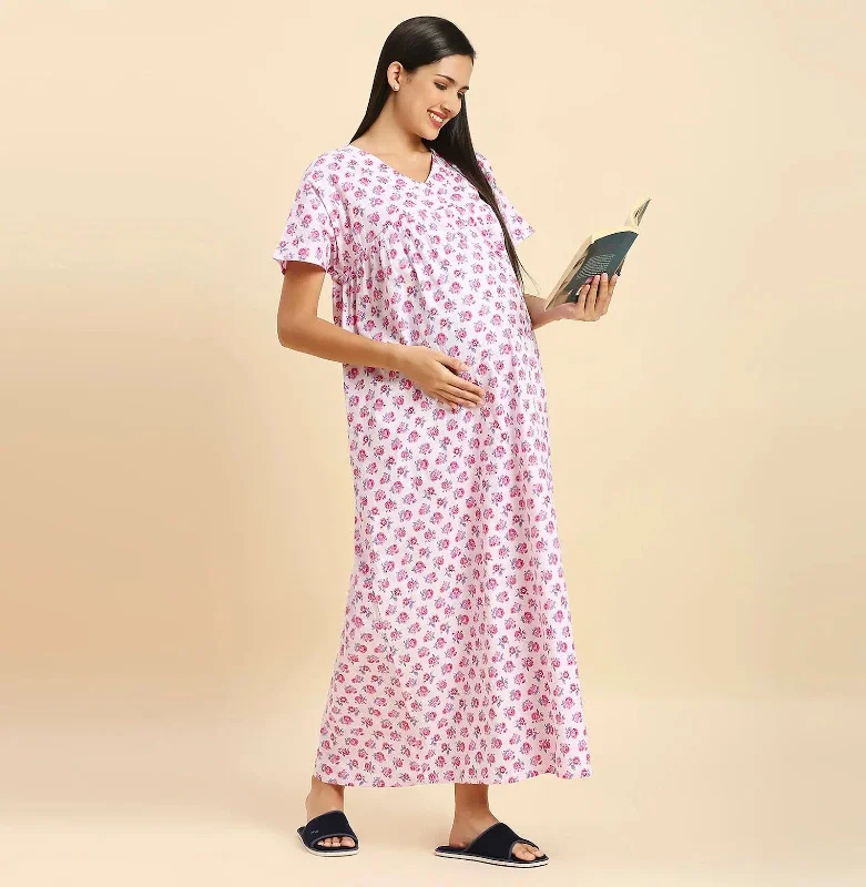 MomToBe Floral Printed Pure Cotton Maxi Maternity Nightdress-2020mtbpkflrfn-Free Sexy pajama sets