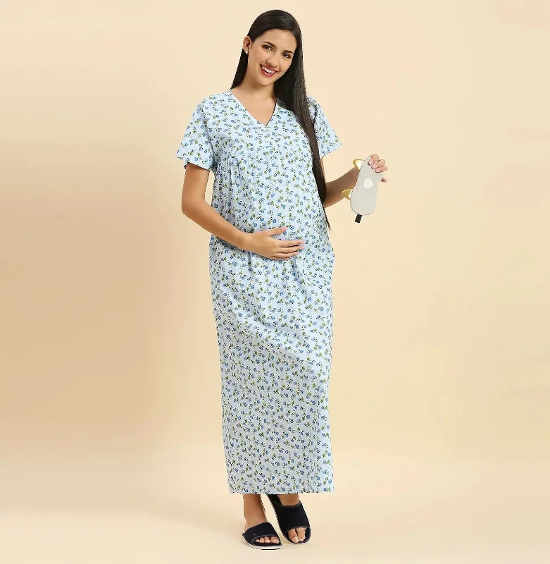 MomToBe Floral Printed V-Neck Pure Cotton Maxi Maternity Nightdress-2019mtbblflrfn-Free Shein pajama sets