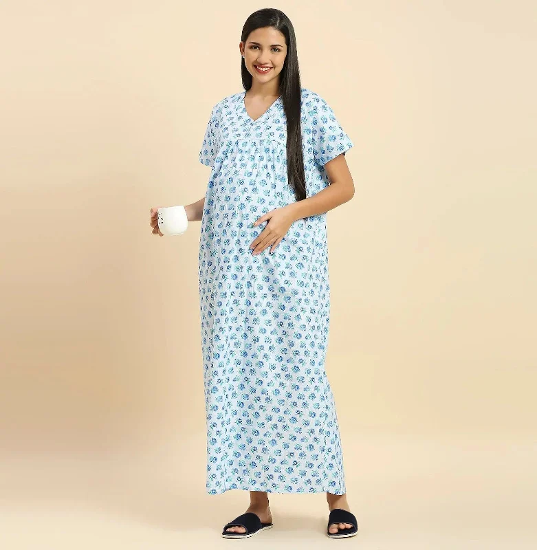 MomToBe Floral Printed V-Neck Pure Cotton Maxi Maternity Nightdress-2020mtbblflrfn-Free Polyester pajama sets