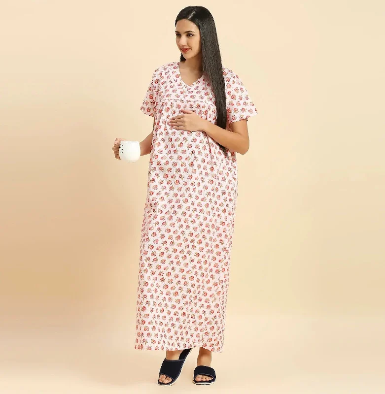 MomToBe Floral Printed V-Neck Pure Cotton Maxi Maternity Nightdress-2020mtbpchflrfn-Free Nursing pajama sets