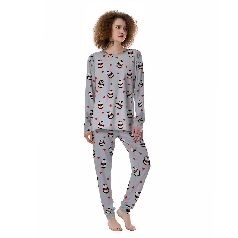 Penguin And Red Heart Print Pattern Women's Pajamas Pajama sets with pockets