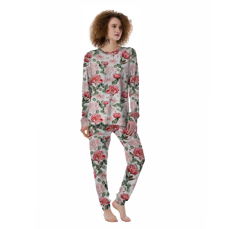 Peony Pink Print Pattern Women's Pajamas Best pajama sets for cold weather