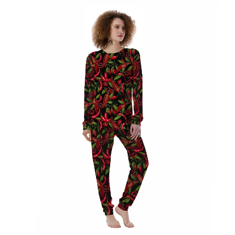 Peppers Red Chili Print Pattern Women's Pajamas Discounted pajama sets