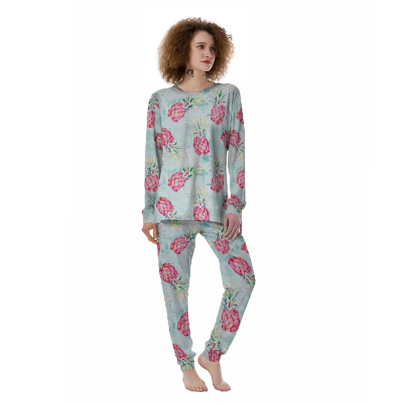 Pineapple Pink Watercolor Print Pattern Women's Pajamas Work-from-home pajama sets