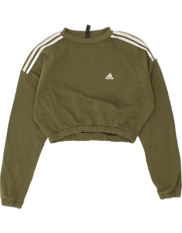 ADIDAS Womens Crop Sweatshirt Jumper UK 12/14 Medium Khaki Cotton High-end sweaters