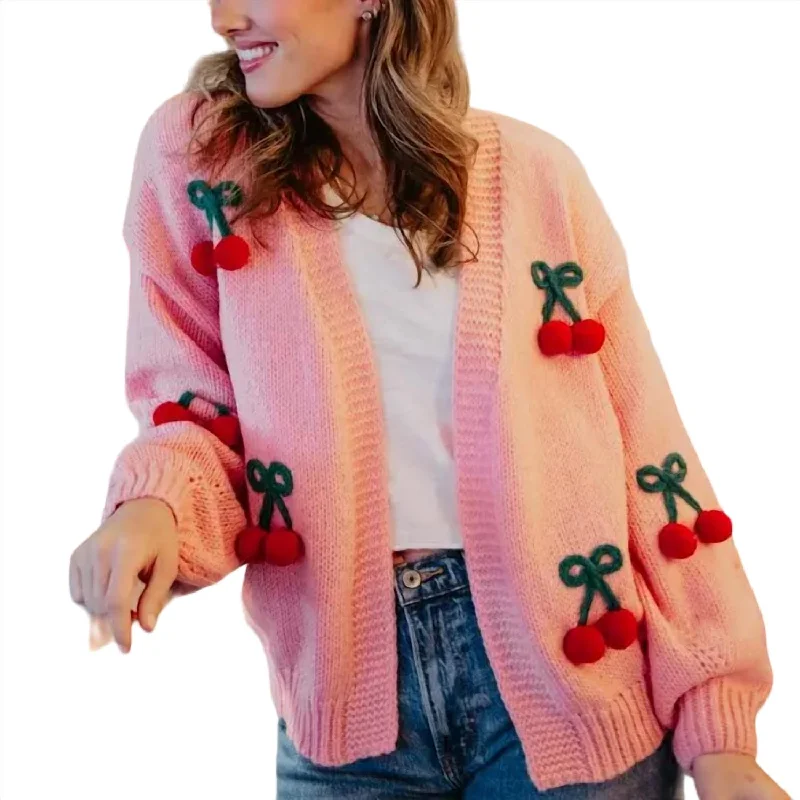 Cherry Long Sleeve Knit Cardigan In Pink Cozy knit sweaters for winter