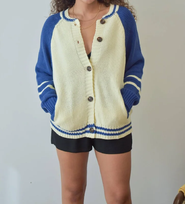 Game Day Varsity Cardigan In Cream/blue Best sweaters for cozy nights