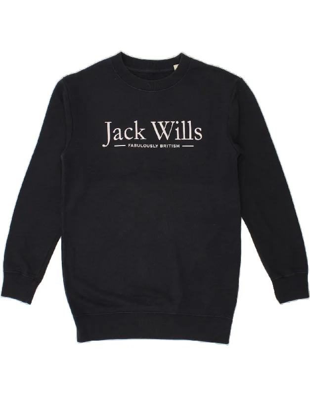 JACK WILLS Womens Graphic Sweatshirt Jumper UK 8 Small  Navy Blue Cotton Must-have sweaters for this season