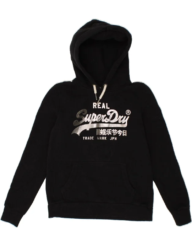 SUPERDRY Womens Graphic Hoodie Jumper UK 12 Medium  Black Cotton Best sweaters for hiking