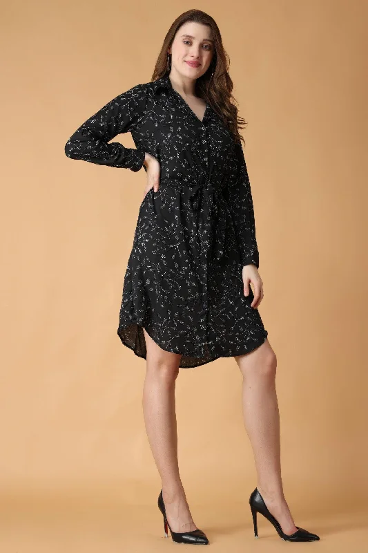 Black Dots Leaf Printed Buttoned Tie Up Dress Fashion-forward mini dresses