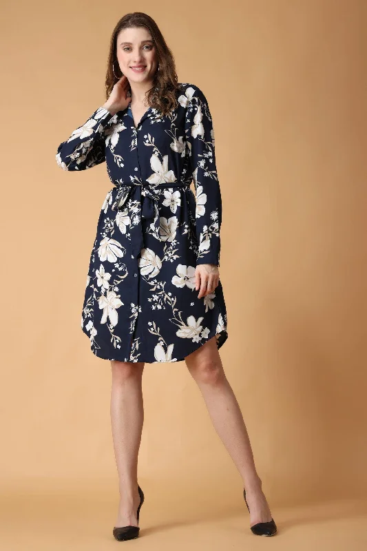 Navy Blue Floral Printed Buttoned Tie Up Dress Sexy little black mini dresses