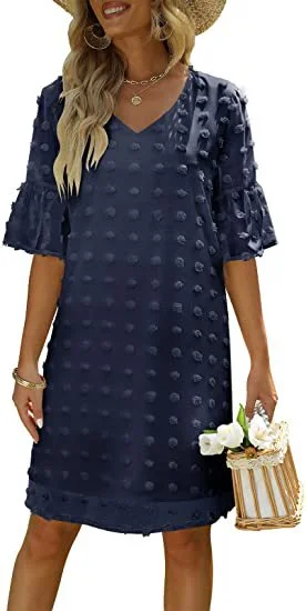 V-Neck Chiffon Swiss Dot Short Sleeve Dress Birthday mini dresses