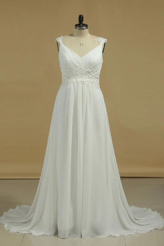 Chiffon Straps A Line Wedding Dresses With Applique And Beads Lace Up Chic Bridal Gown