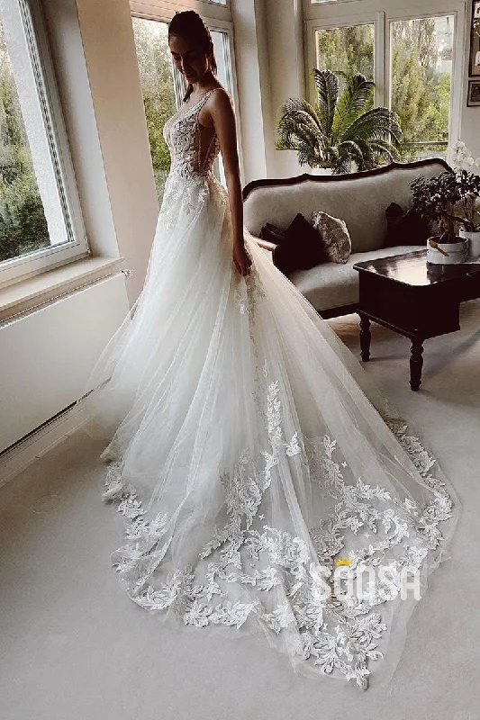 Plunging V-Neck Lace Applique A-line Rustic Wedding Dress Bridal Gown QW2114 Lace Sleeveless Dress