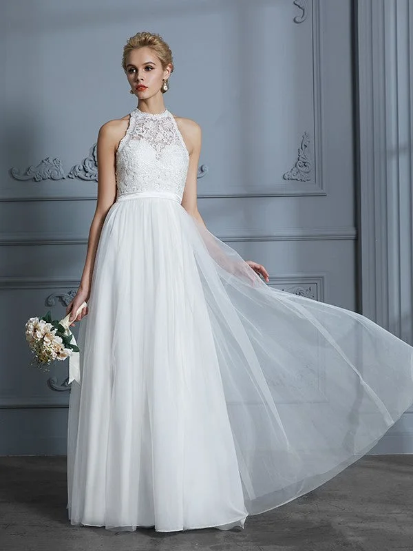 A-Line/Princess Scoop Sleeveless Tulle Floor-Length Wedding Dresses Lace Wedding Dress