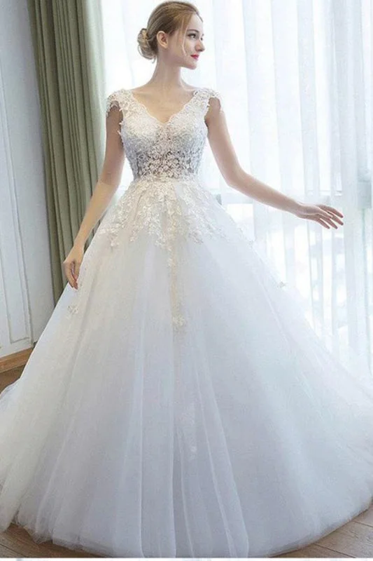 Ball Gown V Neck Tulle Court Train Appliques Lace Backless Wedding Dress Embroidered Wedding Dress