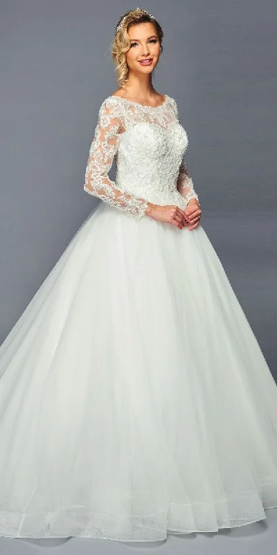 DeKlaire Bridal 471 Long Sleeve Boat Neck A-Line Ballgown Chapel Train Wedding Dress Modern Lace Gown