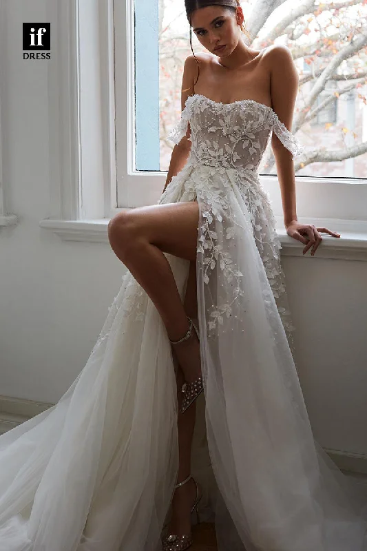 31504 - Sexy Off-Shoulder Tulle Lace Appliques Illusion Wedding Dress Romantic Satin Dress