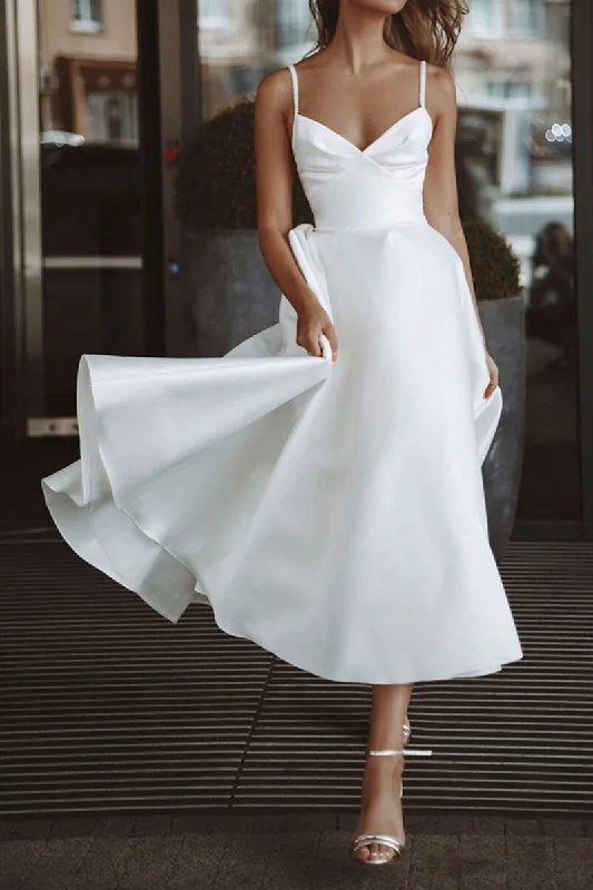 K1365 - Simple Summer V-Neck Spaghetti Straps Beaded Satin Midi Wedding Dress Satin Lace Gown