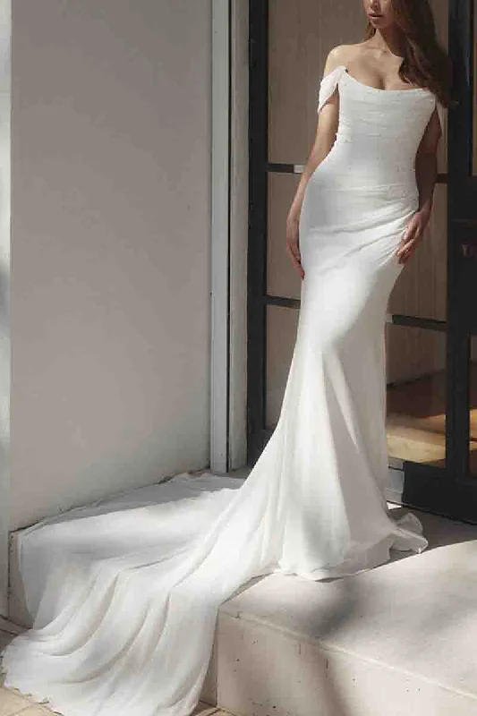 K1384 - Off-Shoulder Pearl Beaded Ruched Satin Sheath Long Wedding Dress Boho Chic Gown